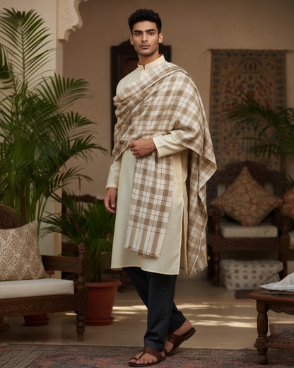 Black & Beige Wool Check Shawl