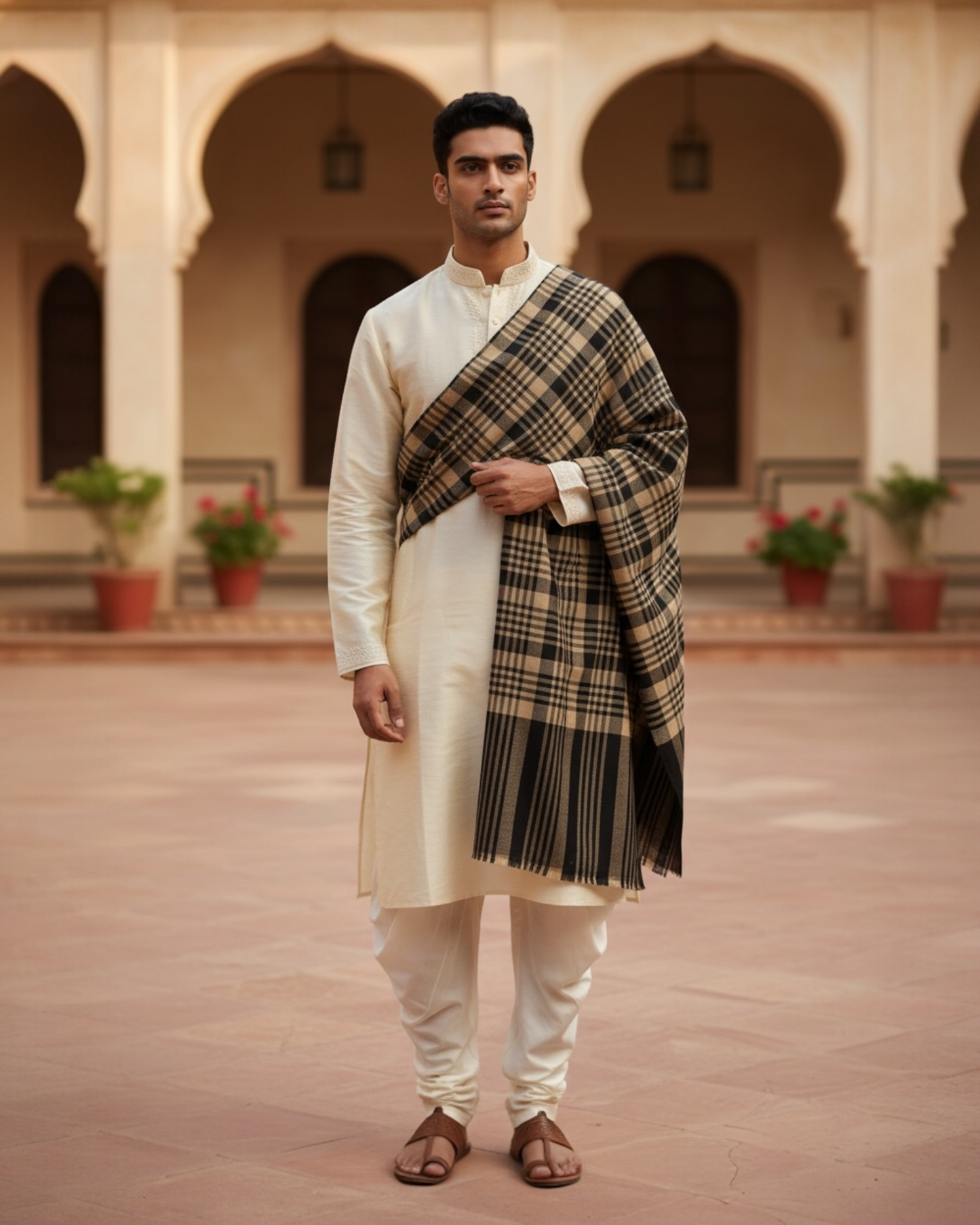 Black & Beige Wool Check Shawl