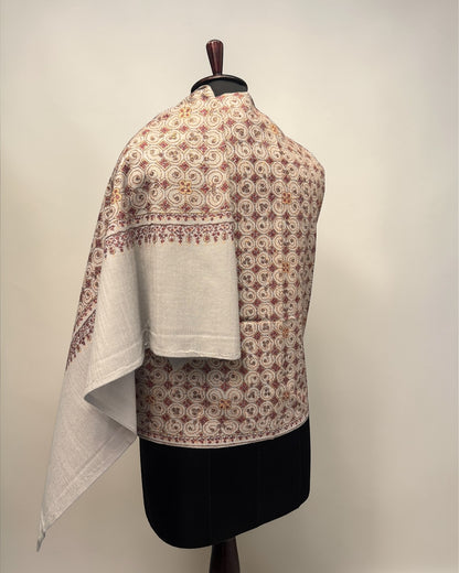 Silver Grey Pure Wool Kashmiri Shawl with Geometric Spiral Hand Embroidery