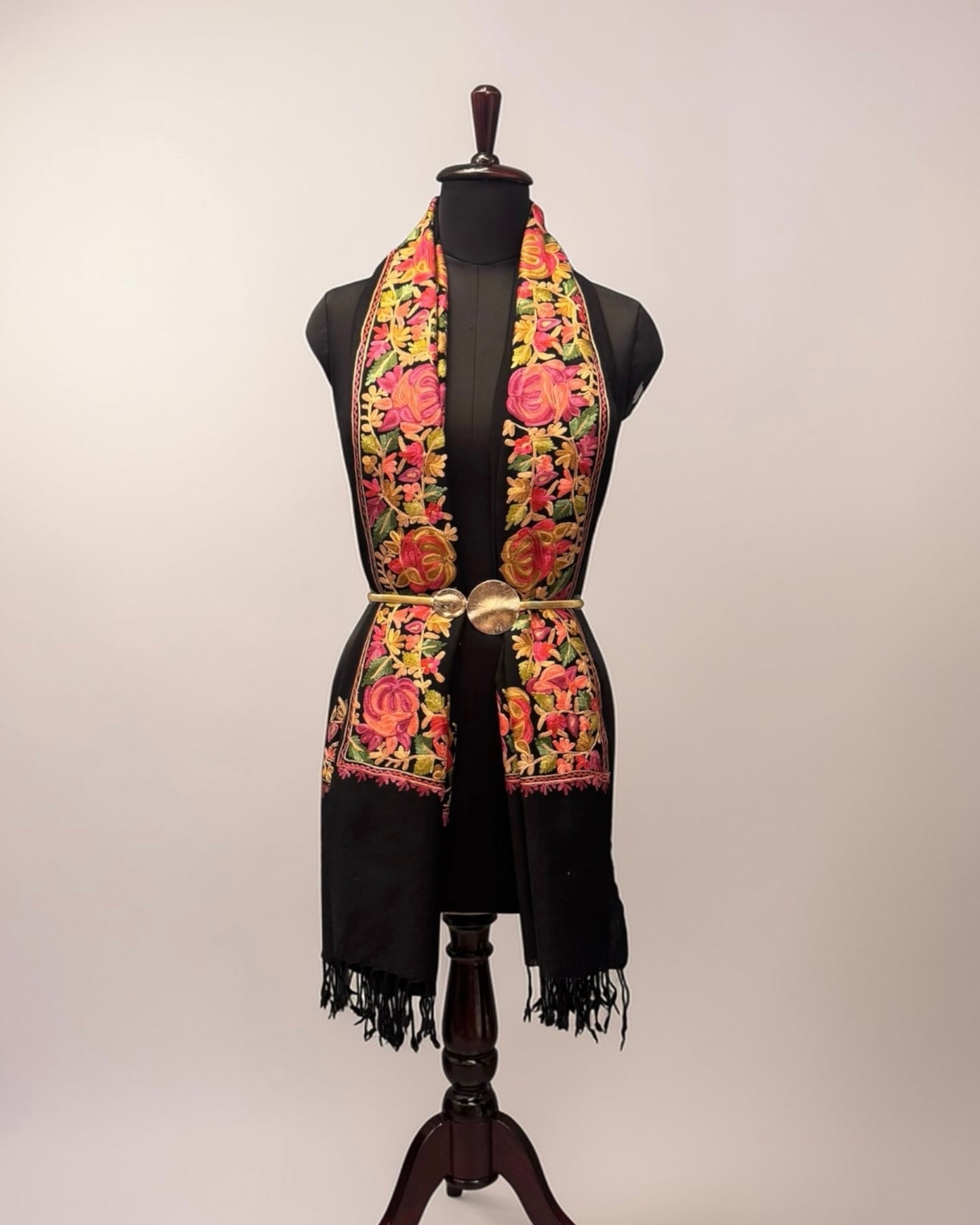 Black Pure Wool Stole with Multicolour Aari Floral Embroidery