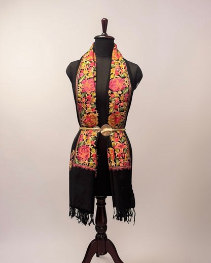 Black Pure Wool Stole with Multicolour Aari Floral Embroidery