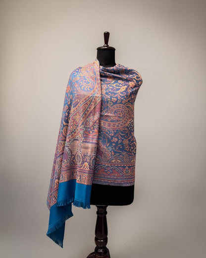 Teal Blue Wool Jamawar Shawl with Grand Paisley Field and Multicolour Floral Scrollwork