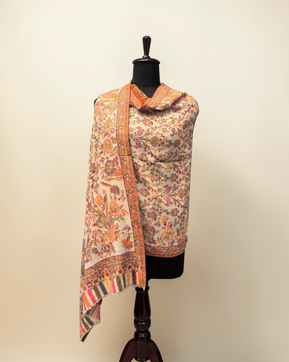 Ivory Wool Kani Woven Stole | Dense Floral Jaal & Striped Pallu