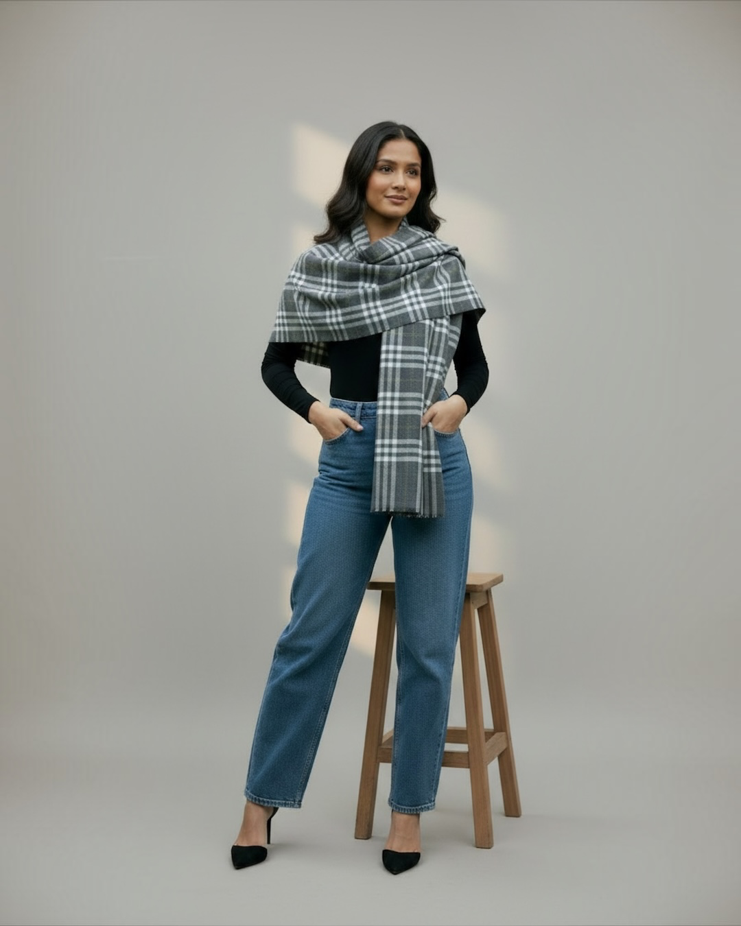 Charcoal Grey Tartan Shawl