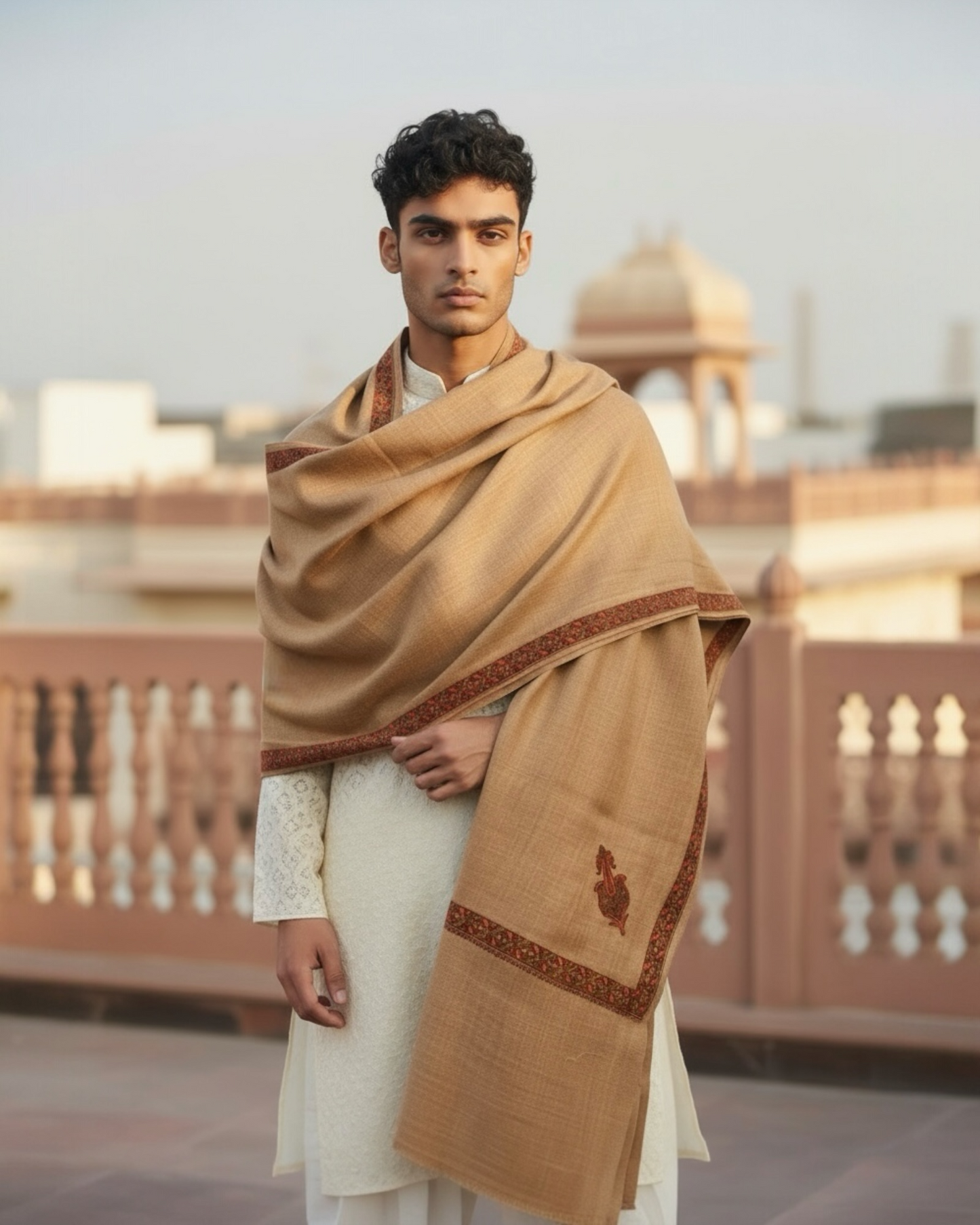 Camel Mens Wool Shawl with Sozni Border