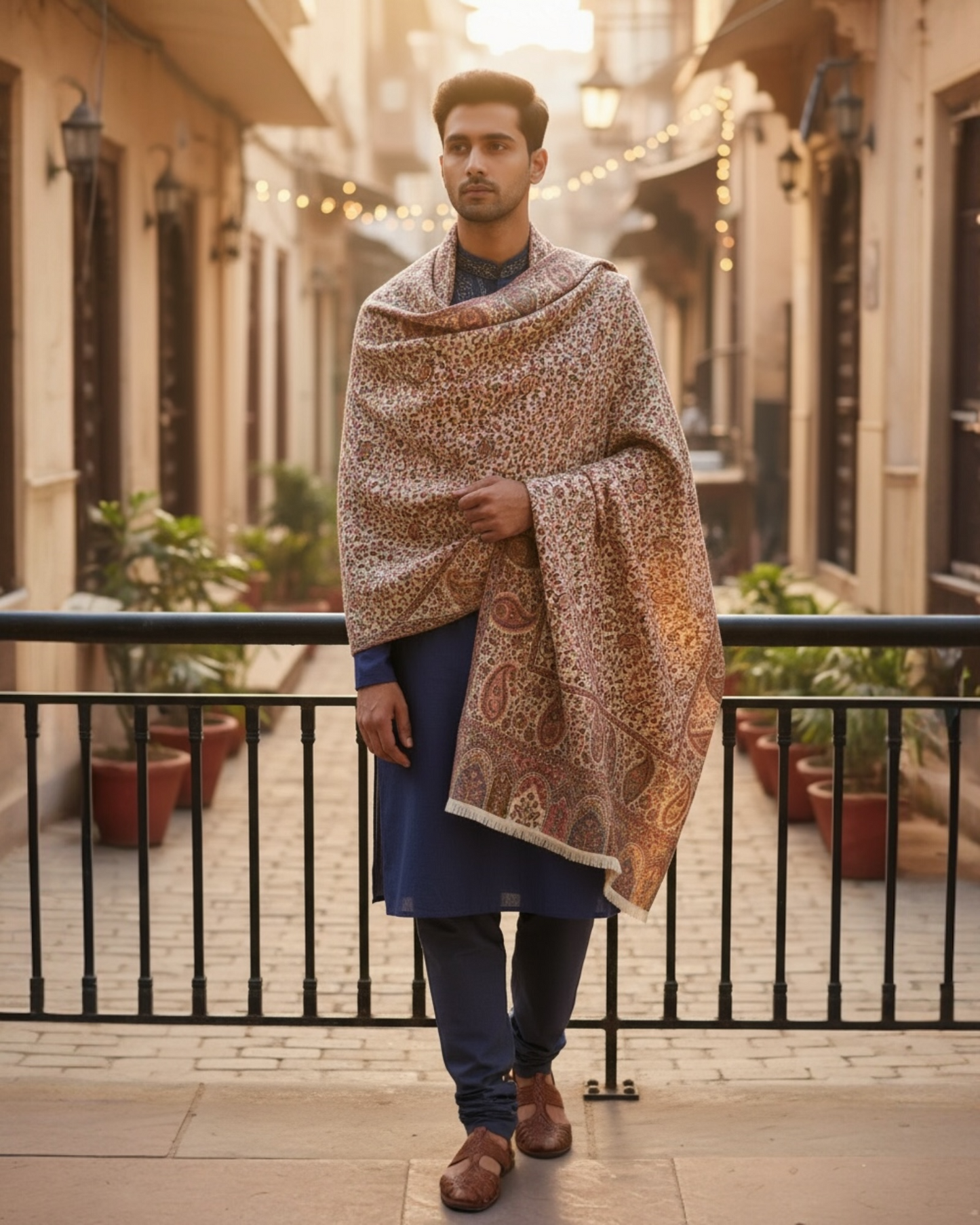 Ivory Mens Kani Wool Shawl with Paisley Jaal