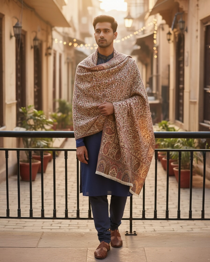 Ivory Mens Kani Wool Shawl with Paisley Jaal