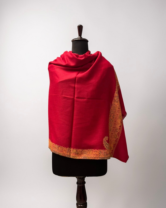 Crimson Red Wool Kani Border Shawl