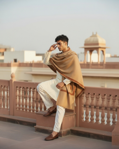 Camel Mens Wool Shawl with Sozni Border