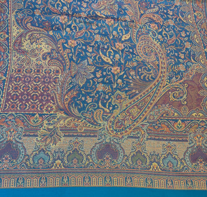 Teal Blue Wool Jamawar Shawl with Grand Paisley Field and Multicolour Floral Scrollwork