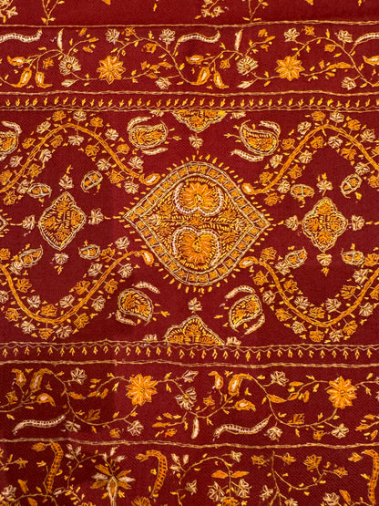 Burgundy Red Pure Wool Kashmiri Shawl with All-Over Hand Embroidery