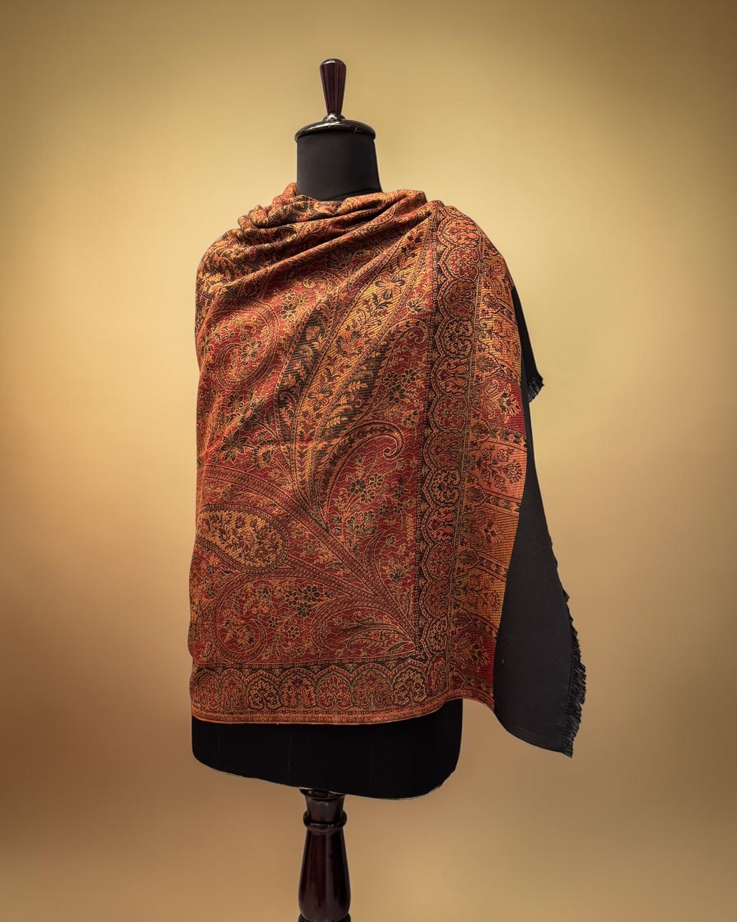 Black Wool Jamawar Shawl with Grand Paisley Field and Dense Multicolour Floral Fill