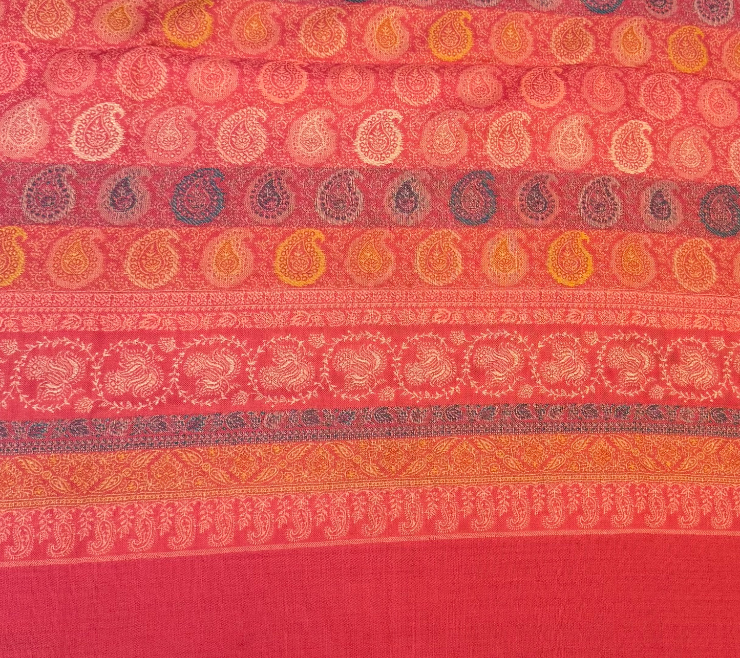 Coral Wool Jamawar Shawl with All-Over Multicolour Paisley Butti and Layered Border