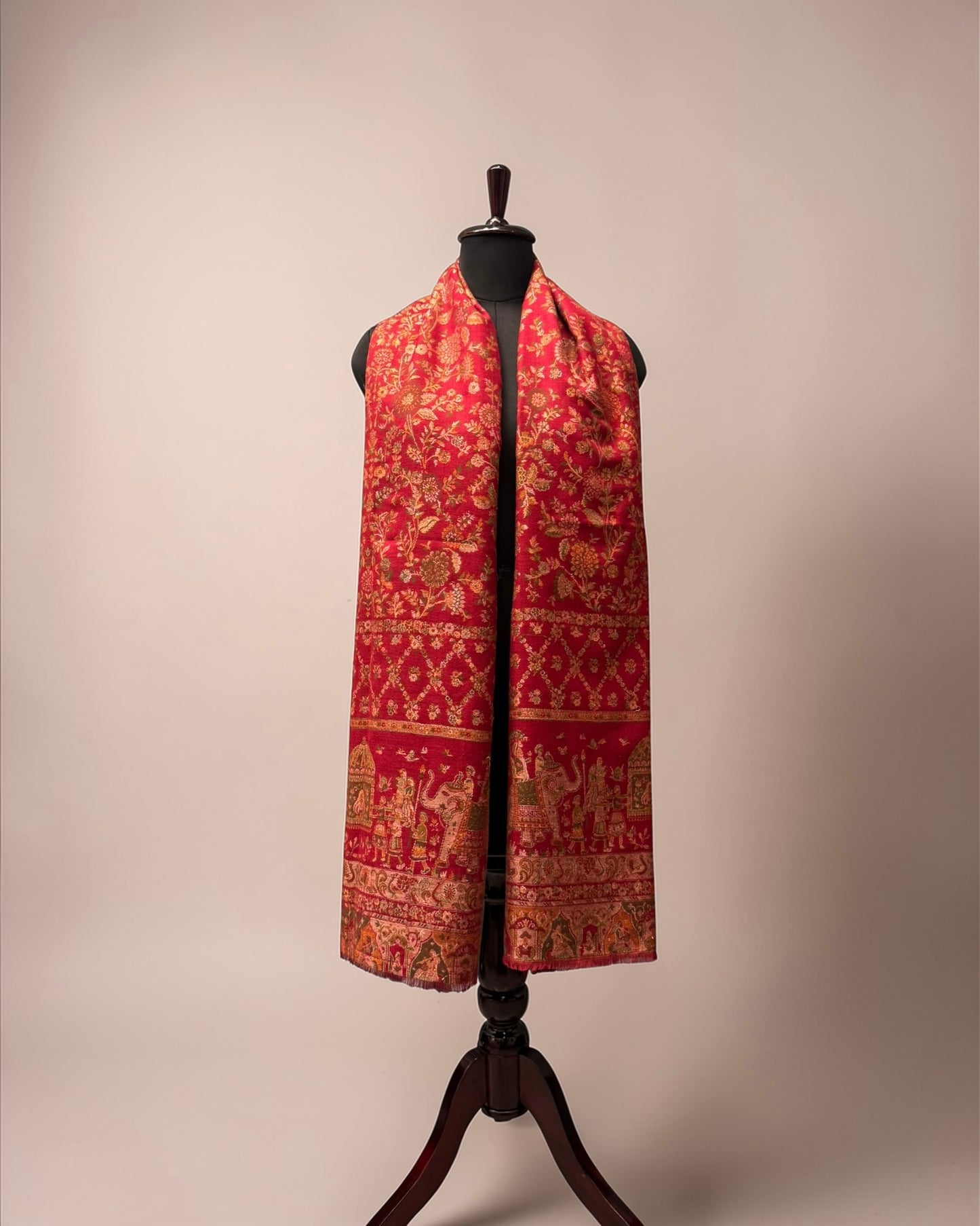 Red Wool Kani Zari Stole | Floral Jaal & Elephant Procession Pallu