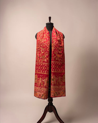 Red Wool Kani Zari Stole | Floral Jaal & Elephant Procession Pallu