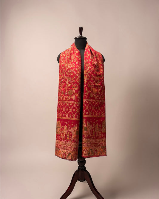 Red Wool Kani Zari Stole | Floral Jaal & Elephant Procession Pallu