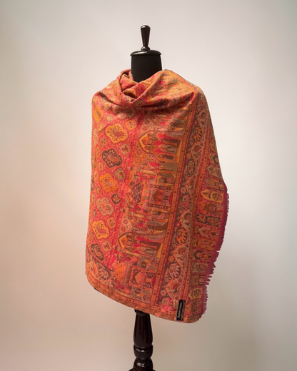Coral Kani Wool Shawl with Mughal Pictorial Design