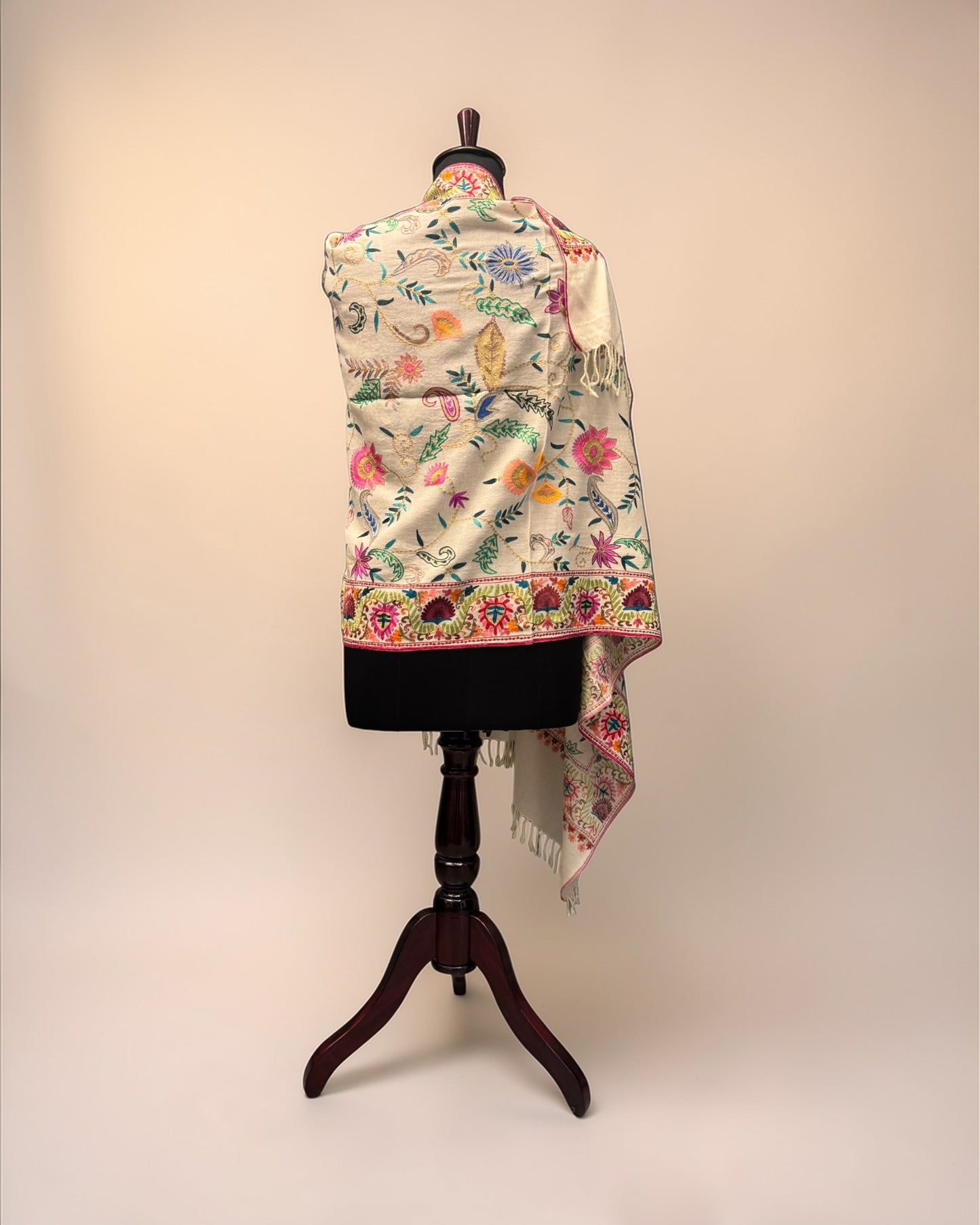 Ivory Pure Wool Stole with Multicolour Scattered Aari Embroidery
