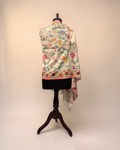 Ivory Pure Wool Stole with Multicolour Scattered Aari Embroidery