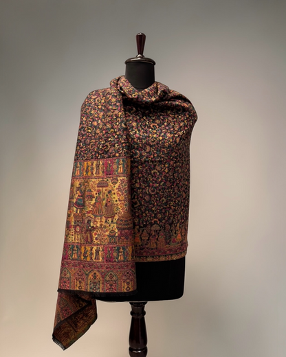 Midnight Kani Zari Wool Shawl — Rajasthani Court Pictorial
