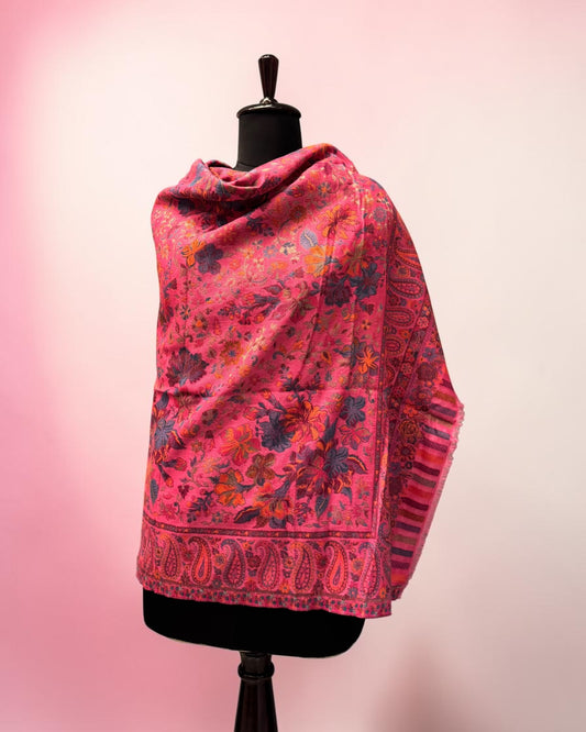 Fuschia Floral Jaal Kani Pure Wool Shawl