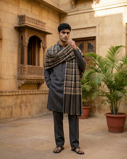 Black & Beige Wool Check Shawl