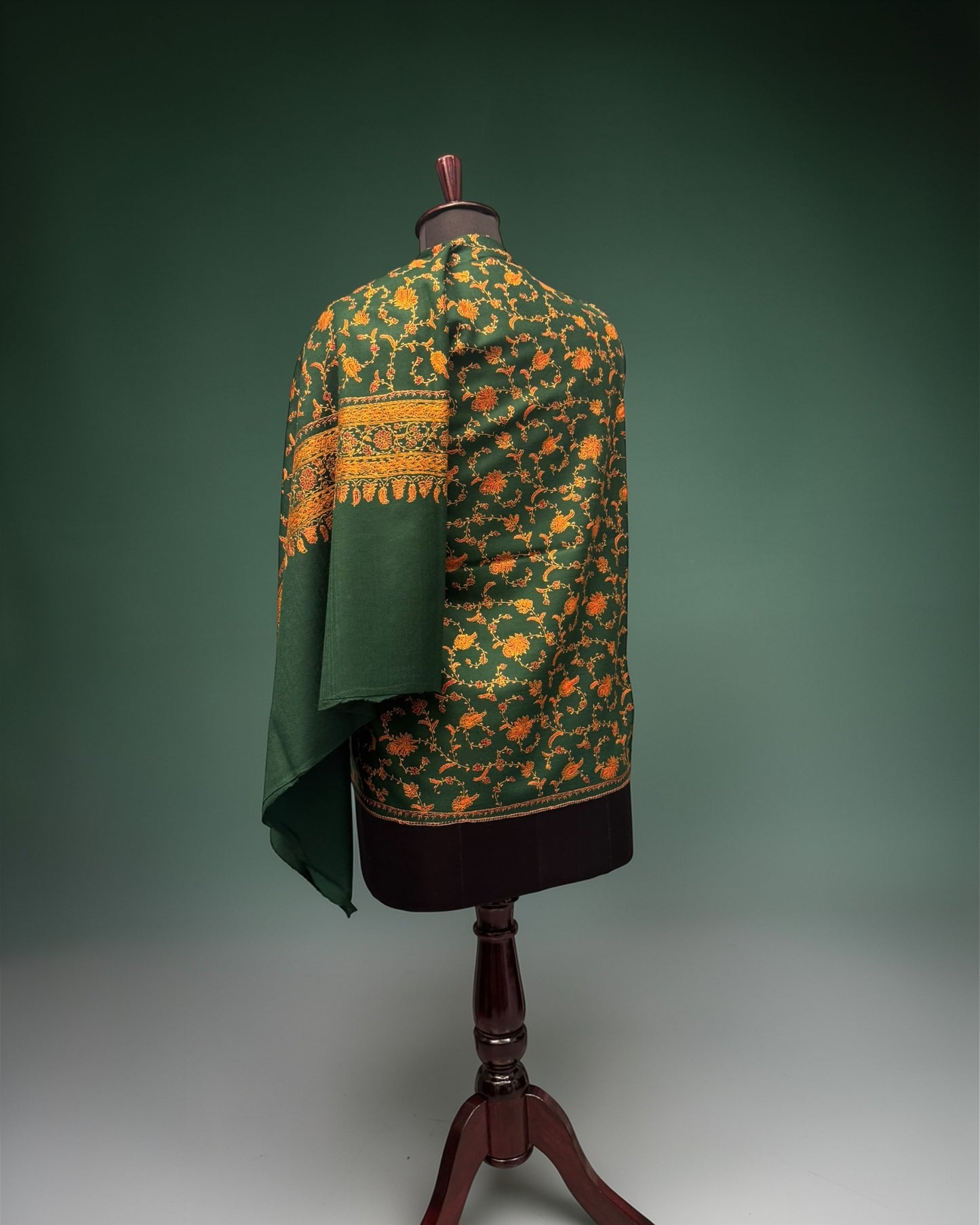 Forest Green Pure Wool Kashmiri Shawl with All-Over Gold Hand Embroidery