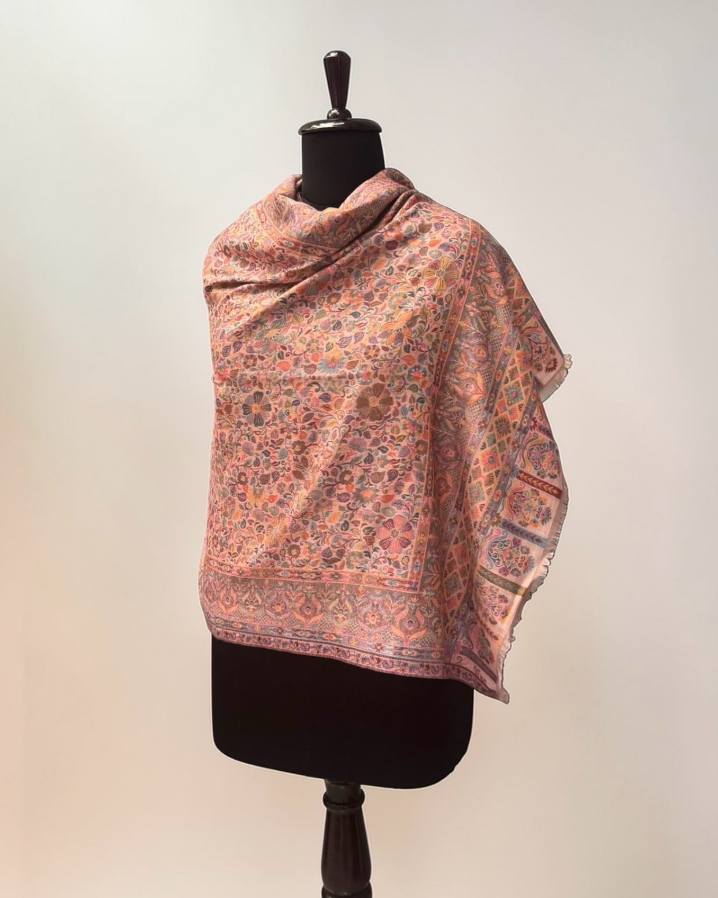 Blush Pure Wool Kani Woven Stole | All-Over Millefleur Jaal & Arched Pallu