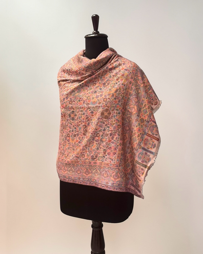 Blush Pure Wool Kani Woven Stole | All-Over Millefleur Jaal & Arched Pallu