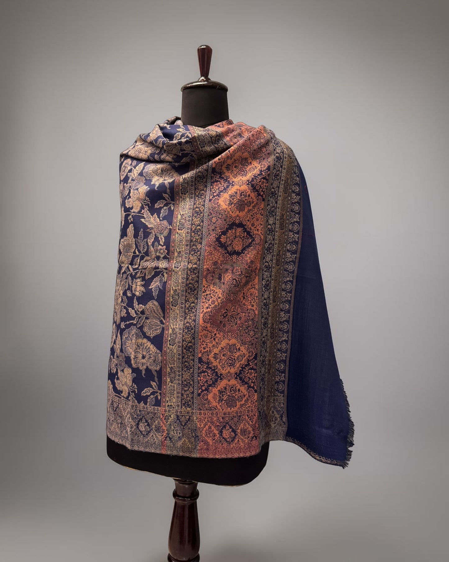 Navy Wool Jamawar Shawl with Silver Floral Field and Copper Gold Medallion Border