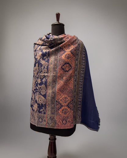 Navy Wool Jamawar Shawl with Silver Floral Field and Copper Gold Medallion Border