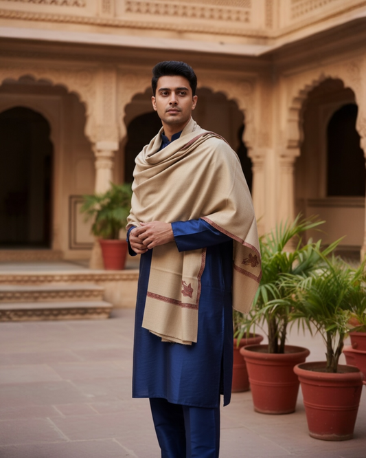 Natural Mens Pure Wool Shawl with Chinar Embroidery