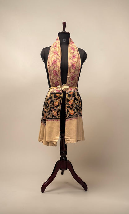 Ivory Pure Wool Kashmiri Shawl with Black Border Hand Embroidery