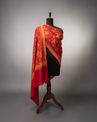 Ruby Red Pure Wool Kashmiri Shawl with All-Over Gold Hand Embroidery