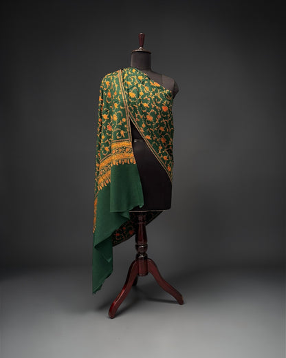 Forest Green Pure Wool Kashmiri Shawl with All-Over Gold Hand Embroidery