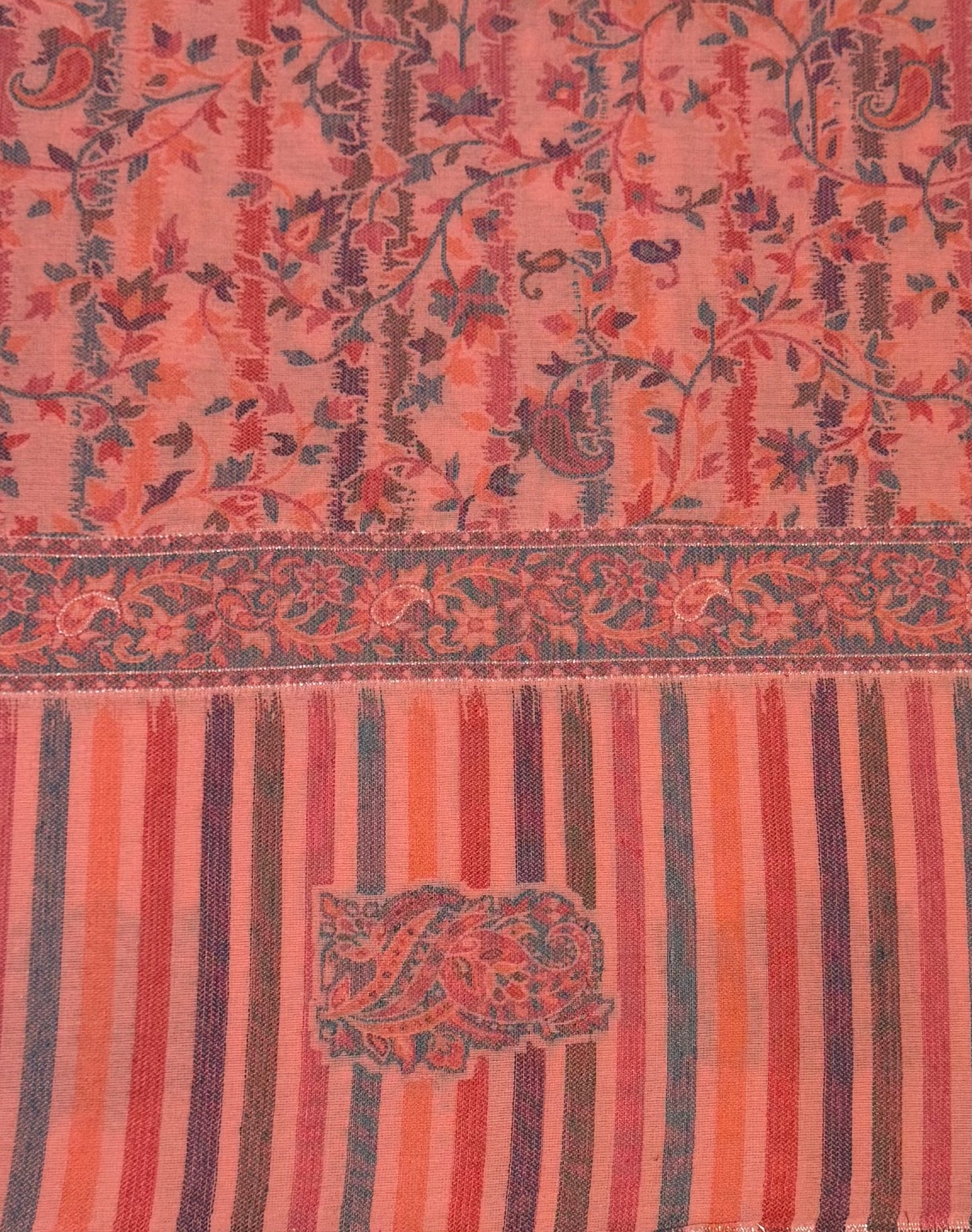 Coral Kani Wool Blend Shawl with Floral Jaal and Stripe Pallu