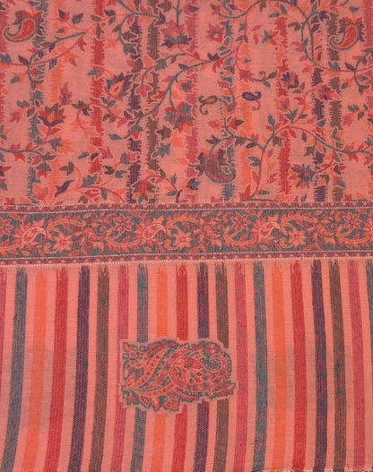 Coral Kani Wool Blend Shawl with Floral Jaal and Stripe Pallu
