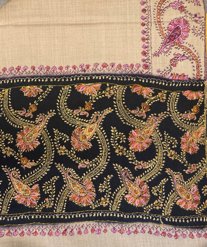 Ivory Pure Wool Kashmiri Shawl with Black Border Hand Embroidery