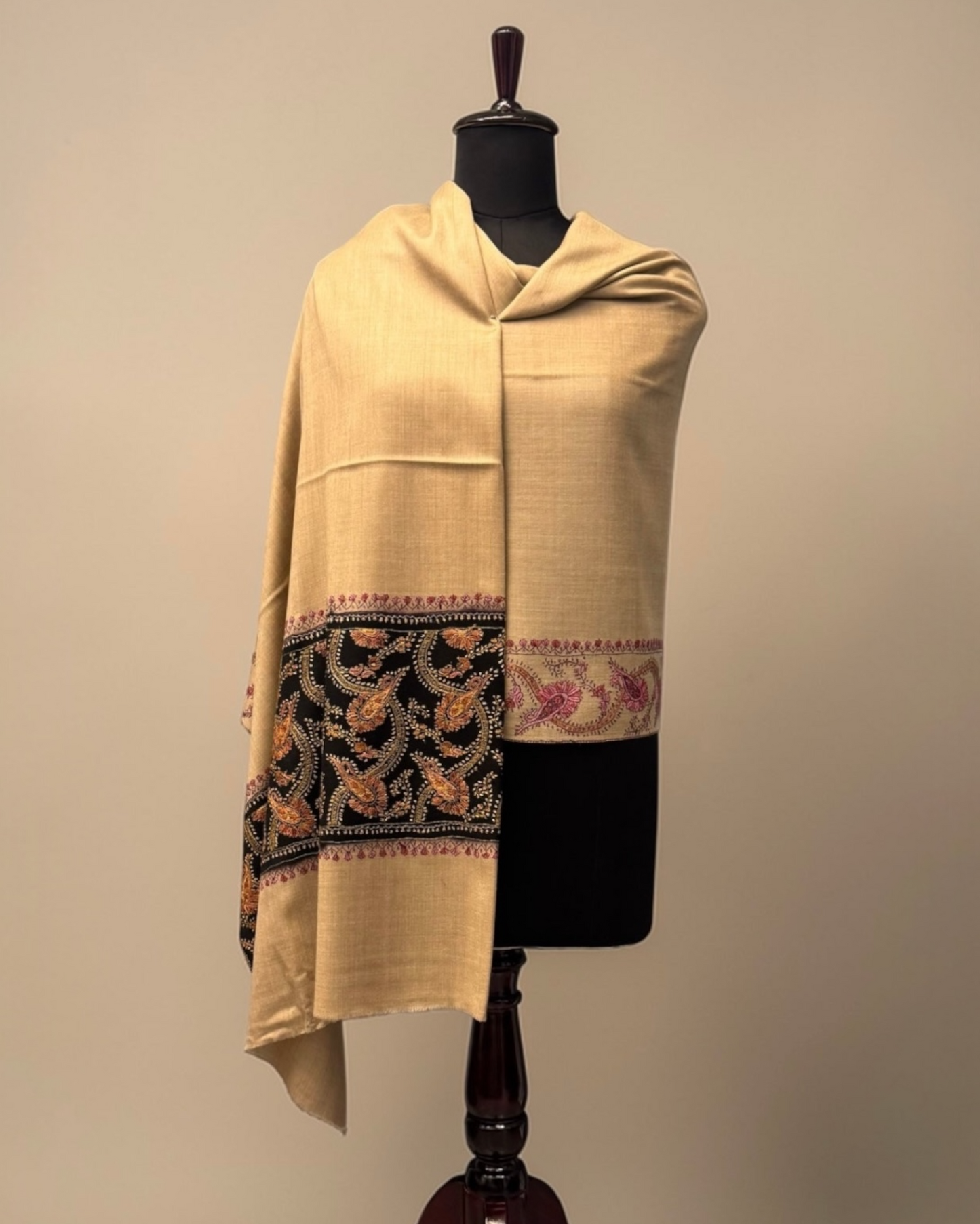 Ivory Pure Wool Kashmiri Shawl with Black Border Hand Embroidery