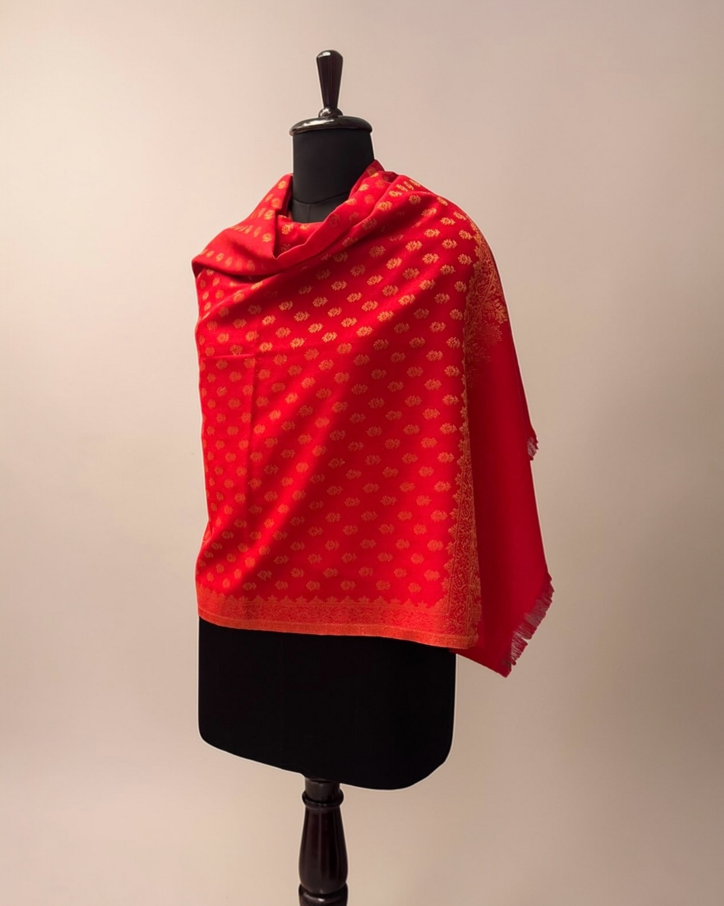 Scarlet Red Pure Wool Shawl with Gold Zari Butti