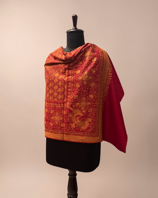 Ruby Red Pure Wool Kashmiri Shawl with All-Over Gold Hand Embroidery