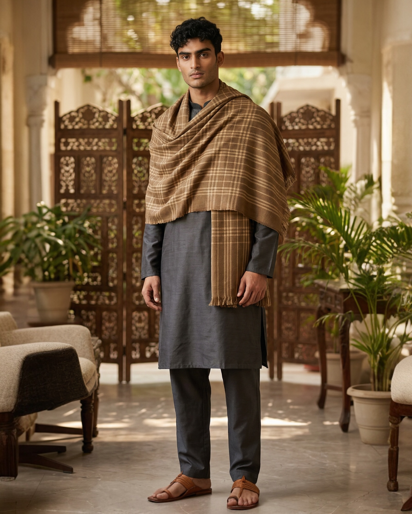 Brown Wool Check Shawl