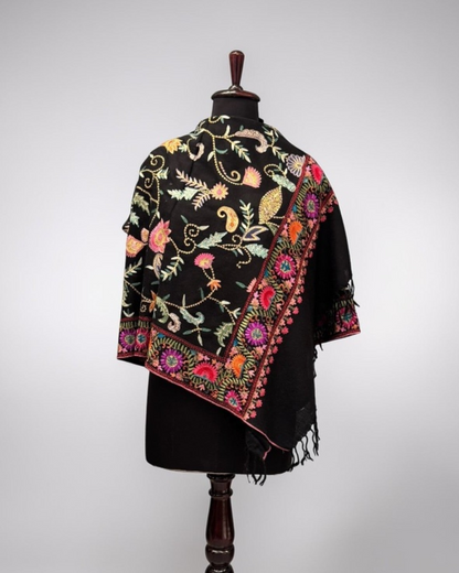 Black Pure Wool Sozni Embroidered Stole