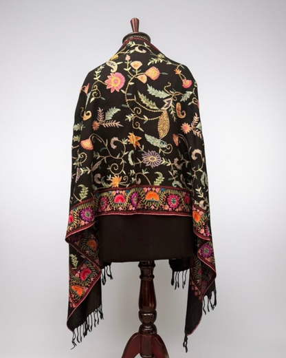 Black Pure Wool Sozni Embroidered Stole