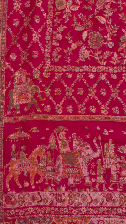 Red Wool Kani Zari Stole | Floral Jaal & Elephant Procession Pallu