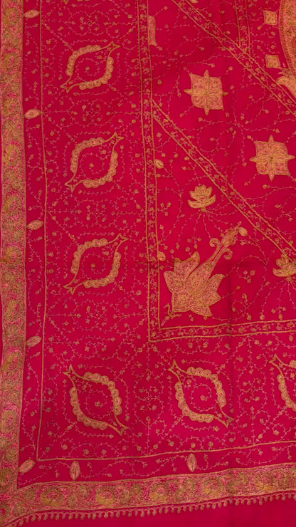 Scarlet Red Pure Wool Kashmiri Shawl with Gold Sozni Embroidery