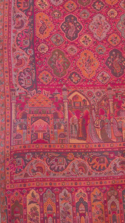 Coral Kani Wool Shawl with Mughal Pictorial Design