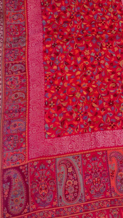 Scarlet Red Kani Zari Wool Stole with Multicolour Floral Jaal